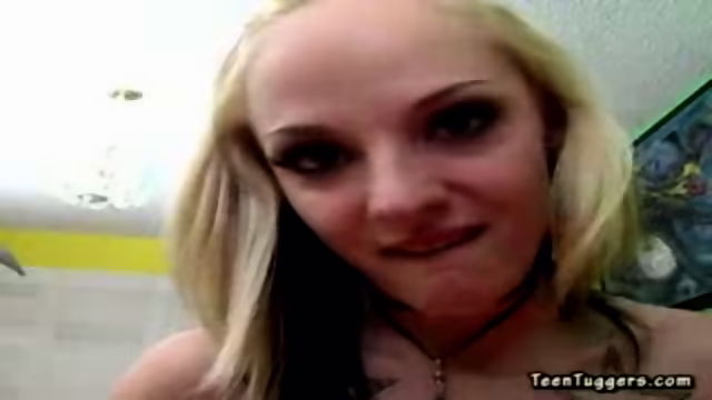 Babe jerks a cock off and gets a facial load